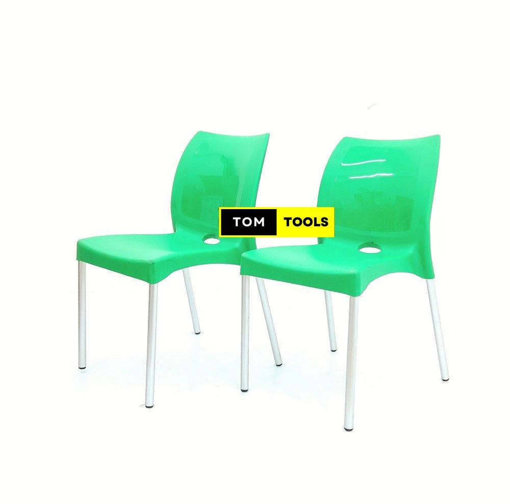 2PCS PAIR GREEN Strong Armless Comfortable Plastic Chair with Metal Tubing Legs
