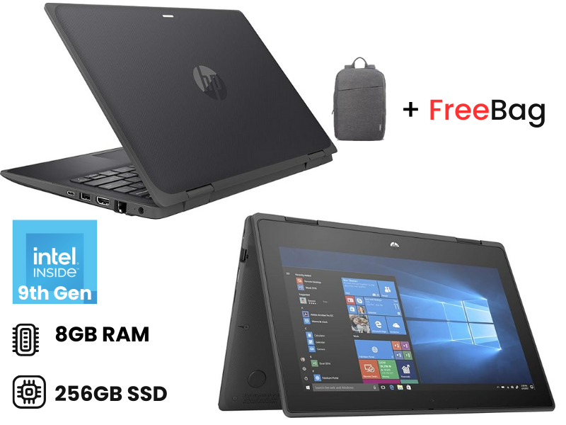 HP ProBook x360 11 G5 EE, 9th generation 8GB RAM 256GB, Intel Pentium Silver Quad core 11.6 inch touchscreen 2 in 1 Refurbished Laptop with a Free Bag