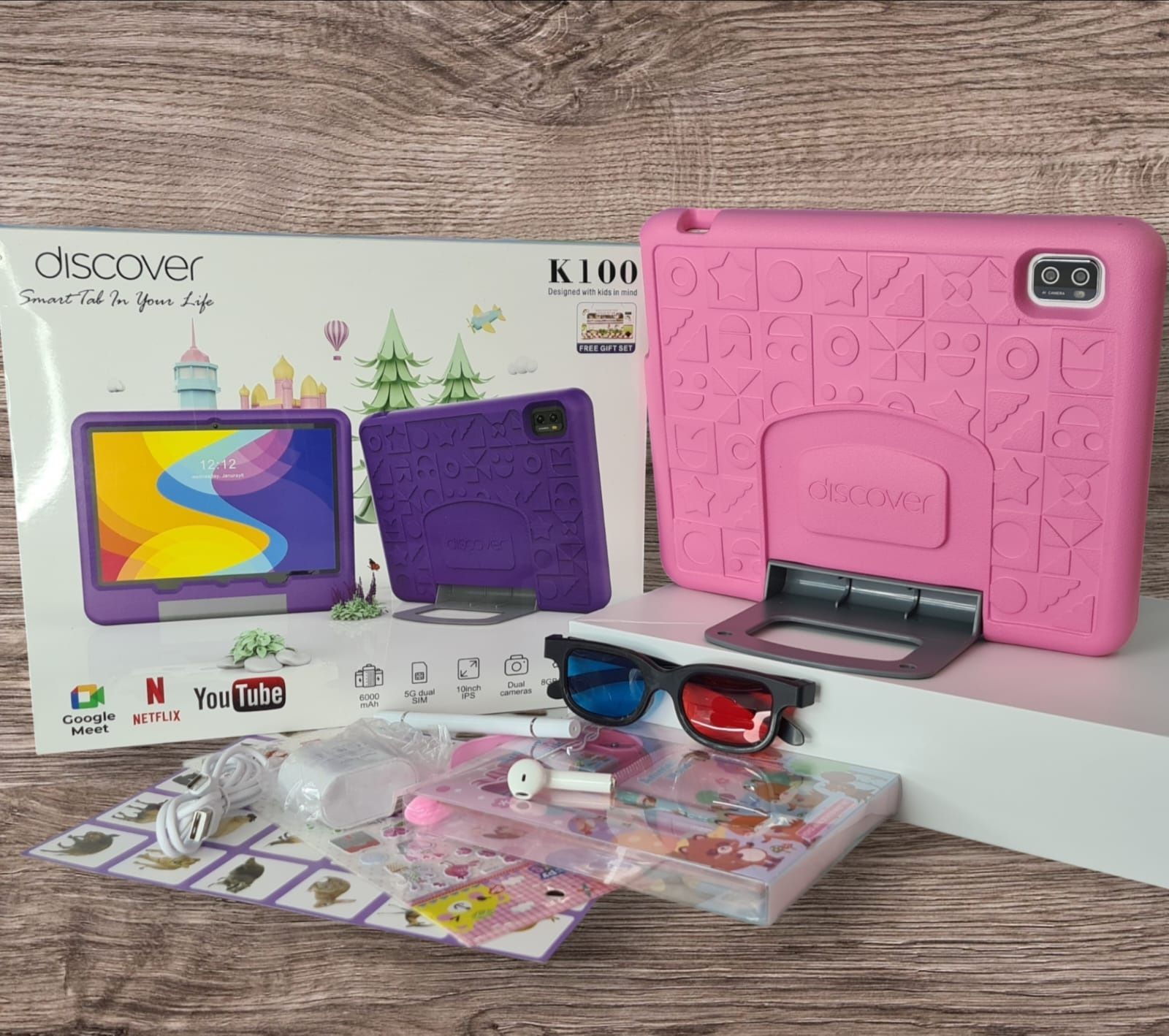 Discover K100 Kids Tablet PC, 8GB RAM 512GB ROM virtual Storage 10.1 Inches Display, Android, Dual sim, Dual Camera and Play Store, with Free Gift