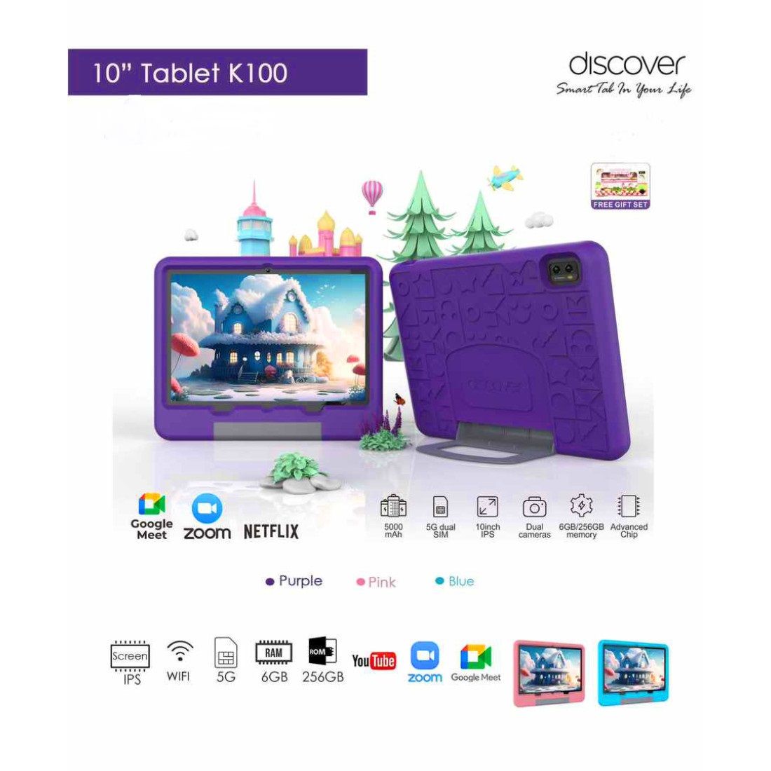 Discover K100 Kids Tablet PC, 8GB RAM 512GB ROM virtual Storage 10.1 Inches Display, Android, Dual sim, Dual Camera and Play Store, with Free Gift