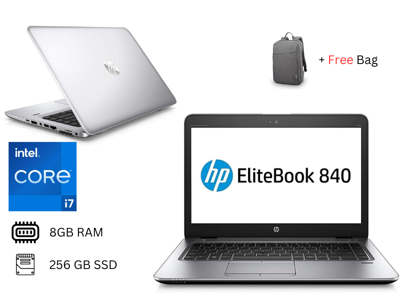 Refurbished HP EliteBook 840 G4 8GB 256GB SSD 14 Inch Core I7 7th Gen Win 11, Bluetooth, Camera, USB Type C, USB, Ultraslim  Laptop +Bag