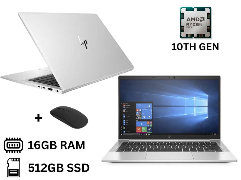 Refurbished HP Elitebook 845 G7 AMD Ryzen 5 pro 16GB RAM 512GB SSD 10th generation, 14 inches FHD Windows 11 pro, HDMI, WIFI, Camera, Type C port Notebook PC+Mouse