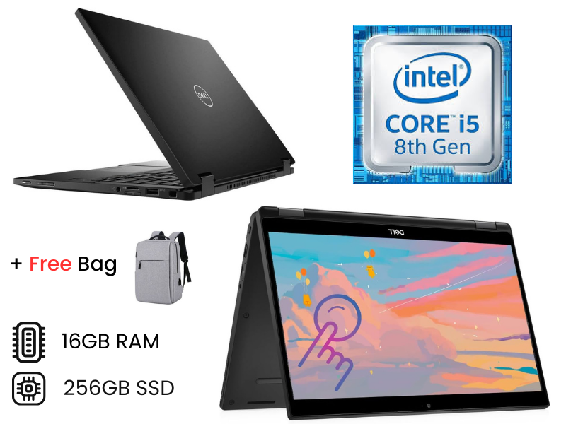 Refurbished Dell Latitude 7390 2 in 1 Core i5 8th generation 16GB RAM 256GB SSD 13.3 Inches Touchscreen windows 11 pro, HDMI, Camera, WIFI Laptop PC +Bag