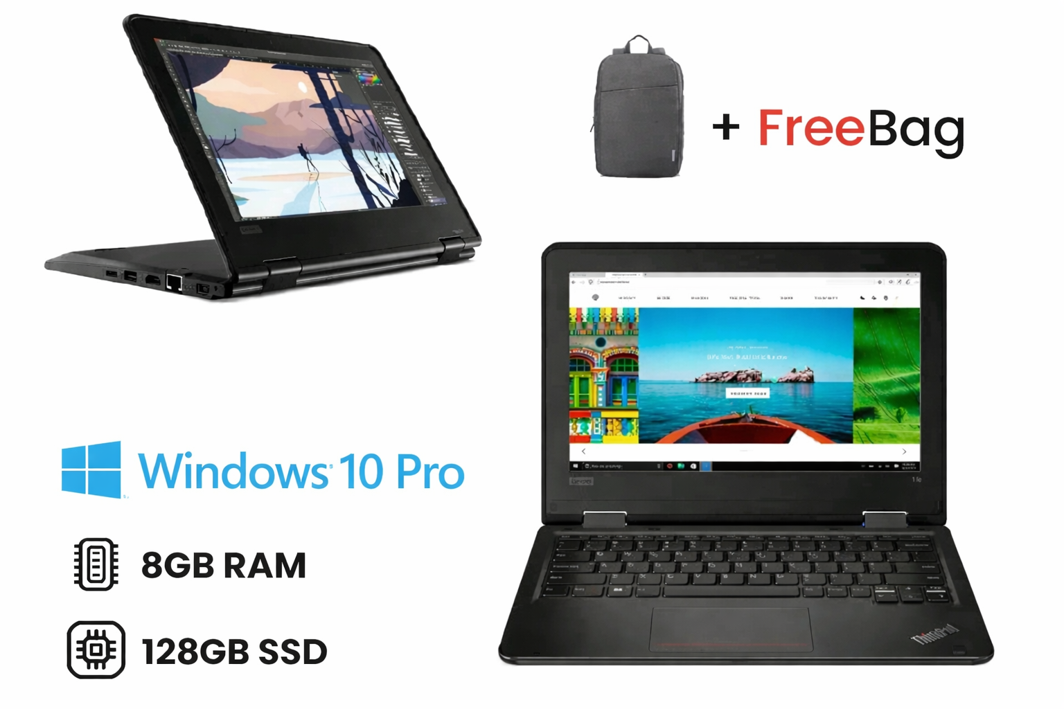 Lenovo ThinkPad Yoga 11e x360 8GB RAM 128GB SSD, Intel celeron or pentium silver 11.6 Inches Touchscreen Quad core windows 10 Pro 2 IN 1 refurbished laptop with a Free bag