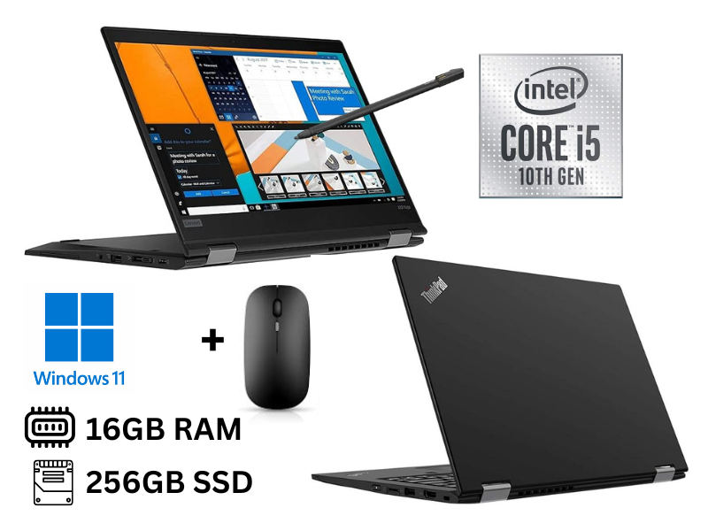 Refurbished Lenovo ThinkPad X13 Yoga x360 core 15 16GB RAM 256GB SSD 10th generation Quad core 13.3 Inches FHD Touch windows 11 pro, HD Camera, HDMI, Stylus Pen convertible 2 in 1 laptop +Mouse