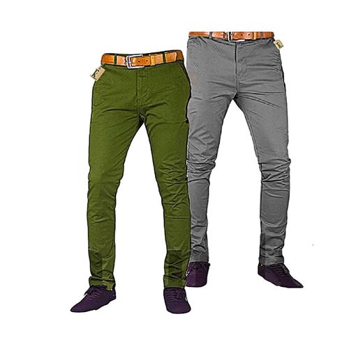 CLEARANCE OFFER Fashion 2 Khaki Men's Trouser Slim Fit Casual- Dark Grey & Green