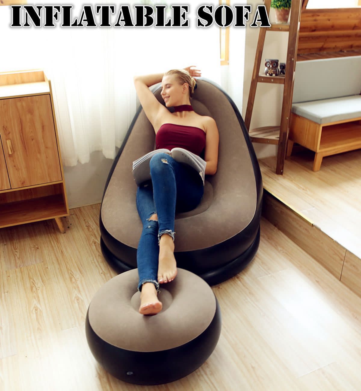 🥳SHOP EASY🤪SHOP SMART🥳Inflatable Deluxe Lounge Seat / Inflatable seat with Foot rest & Free Pump (2pcs Sets) Key Features Indoor Outdoor PVC Inflatable lounge sofa set flocking lounge chair with fo