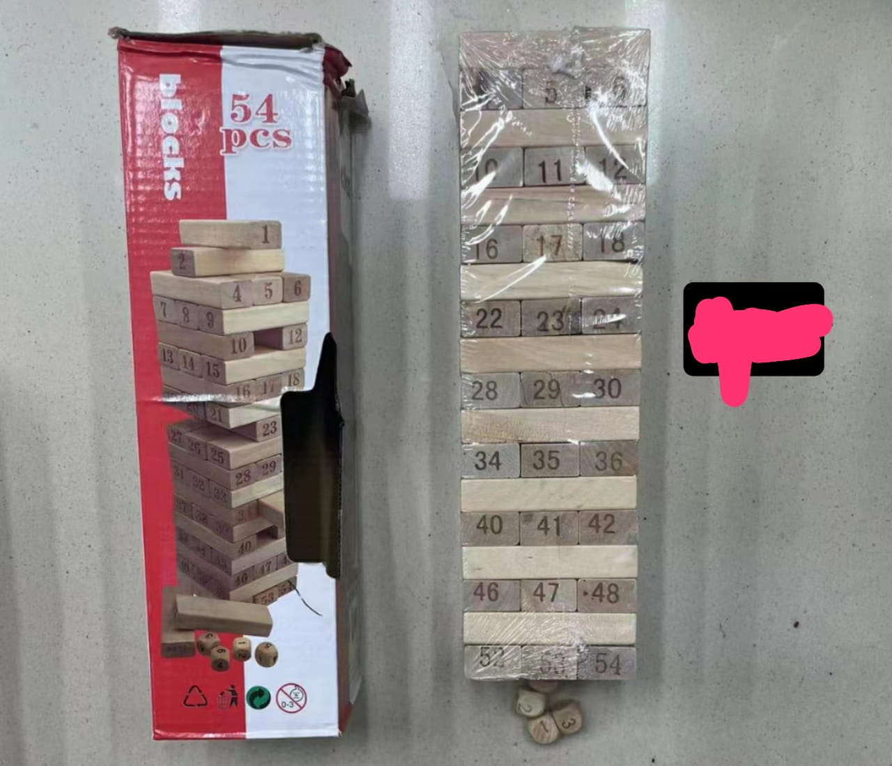 54PCS JENGA BLOCKSClassic number block stacking Stack-crashing game 54 pieces Made of wood, offer heavy hand feeling and exquisite texture Classic number block stacking. 54 pcs Stack-crashing game. Pu
