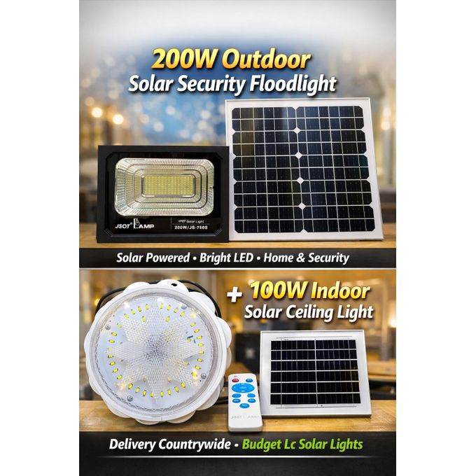 2-in-1 Solar Lights Combo Deal:🎇Solar Light 200W Outdoor Solar Security Floodlight + 100W Indoor Solar Ceiling Light Combo With Solar Panels & Remote☀️bright room lighting.
Both are solar powered, ma