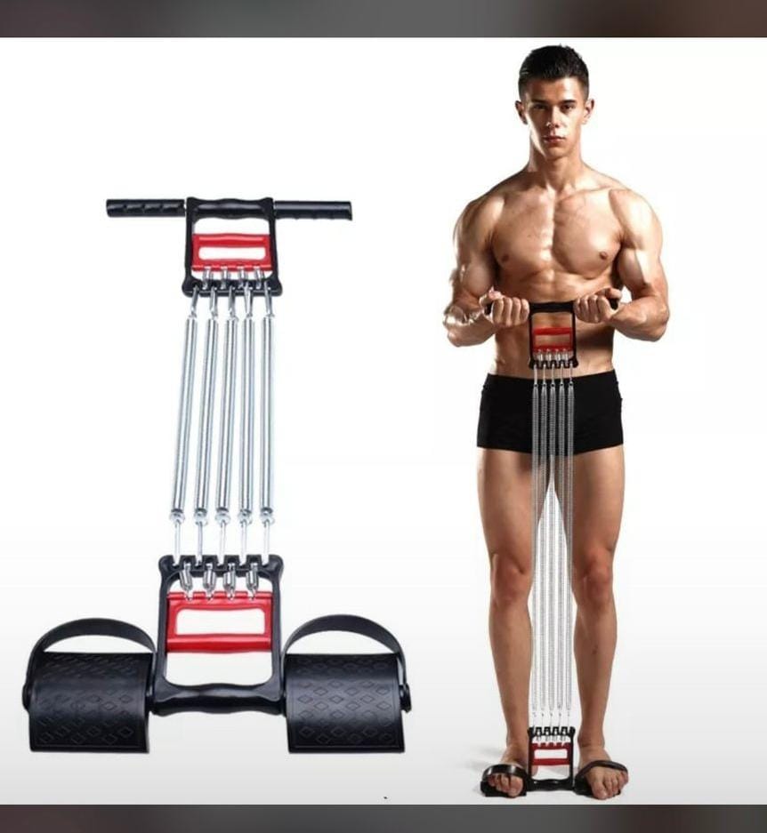 Chest Expanderge With 5 Spring Hand Grip😶‍🌫️strong well calibrated 5 springs good for exercising your abs, reduce waist tummies and strengthen your arm muscles. Its foot and arm handles are well con