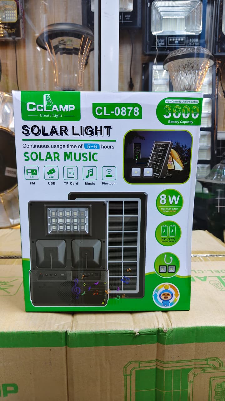 Super Bright 🎇CcLamp CL-0878 Solar Lighting Music System* Inbuilt 8W Solar Panel.
* Radio / BT Speaker.
* 3600mAh.
* 2 led lights.
* Mobile charging.📍super-bright LEDs which can provide enough brigh