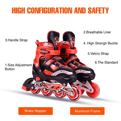 Complete Adjustable COMBO Inline Skates Set For Boys/Girls.The inline skate shoe size is adjustable Like Small To Big And Big to Small
Wheel : PU (Polyurethane) With Led Flash For First Wheels, Wheel