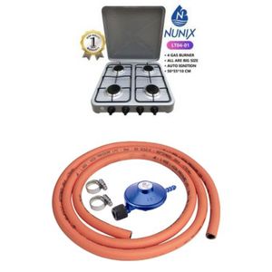🤗🥳Nunix 4 burner full gas table top cooker+6 kg regulator + free 1 meter pipe.🥳This gas-burner will help you cook your food perfectly every time. It provides even distribution of heat and emits les