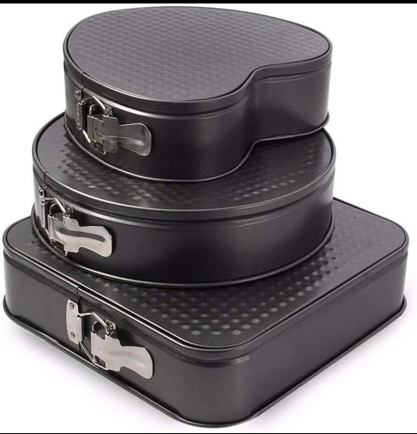 ✨️🌱3Pcs Non Stick Cake Tray Mould Into Round, Heart, Square Set.▪️▪️Ideal and perfect for removing delicate cheesecakes
  Ideal for making fruit, sponge and cheese cakes
  Quick release metal buckles