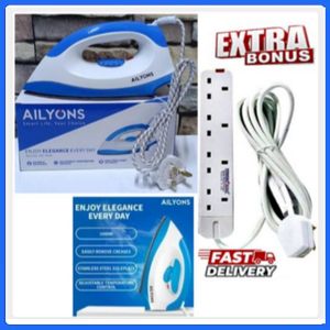 AILYONS DURABLE SOLOPLATE ELECTRIC IRON BOX-1000W // IRONING BOX WITH ADJUSTABLE TEMPERATURE CONTROLLER KNOB // IRONBOX ENERGY SAVING+ SUPER BONUS 4 WAY POWER EXTENSION CABLE SOCKET WITH LONG CABLE