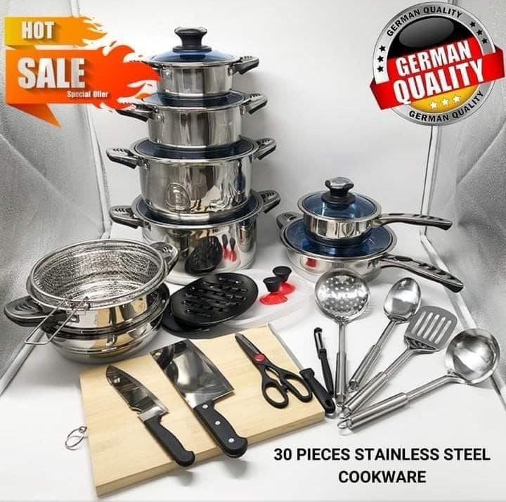 📍Marwa 30pcs German Longlife Cookware Set – heavy-duty stainless steel pots with glass lids. Durable, non-stick, easy to clean & works on all cooktops. Perfect for every kitchen.