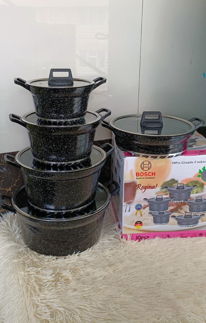 🔥🔥Bosch Regina 10 Pcs Pieces Granite Coated Nonstick Cooking Pots -Cookware Set WITH LIDS.Non-stick Coating‎,‎ Bakelite handles for fire resistance‎,‎ Internally reinforced 2 coats technology BLACK