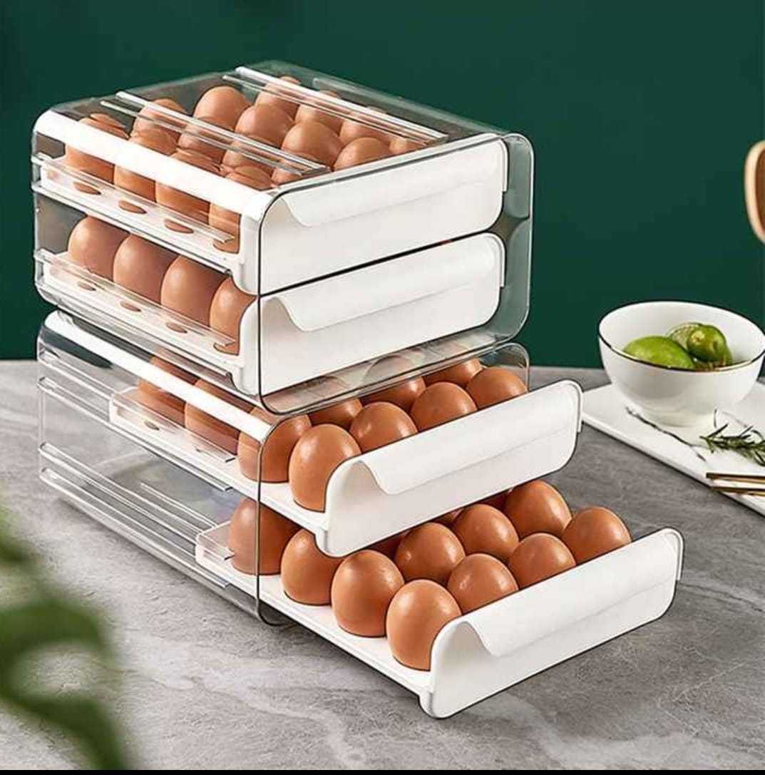 ✴️32 Grid Egg Tray Holder Double-Layer Fridge / Drawer Storage;Stackable Organizer,Drawer & Fridge Type Design:Pull smooth, double layer for 32 eggs, Large: Transparent storage box. 24cm*21cm*14cm