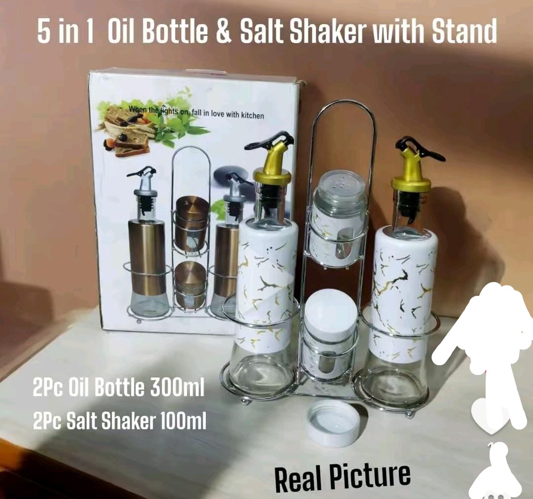 👀👀New arrival!!  🌟 5 in1 Seasoning Set with 2x 300ml Oil Dispensers, 2x 100ml Salt Shakers and Durable Stainless Steel Stand for Kitchen Cooking and Dining Organization🌟