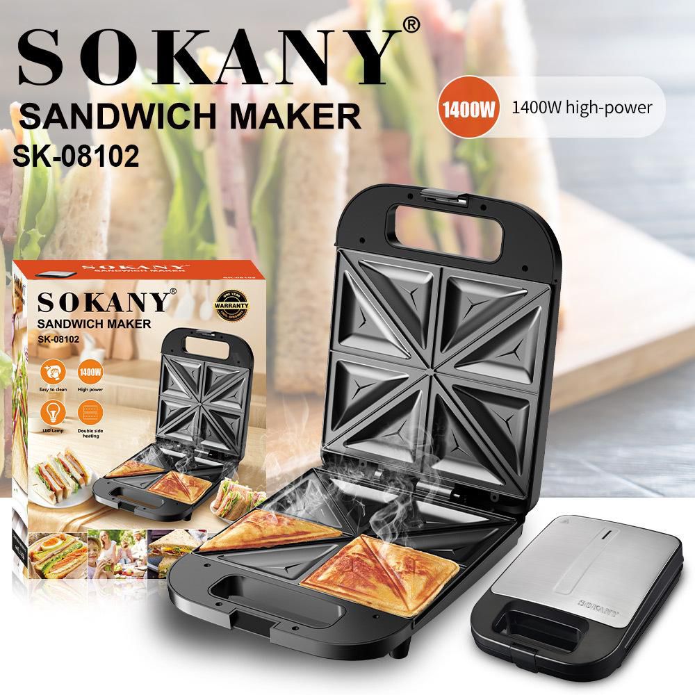 📌📌 Sokany 4 Slice Sandwich Maker With Cool Touch Handle, Non-Stick Plate, Automatic Temperature Control, Power On/Off Indicator, Bread Toaster