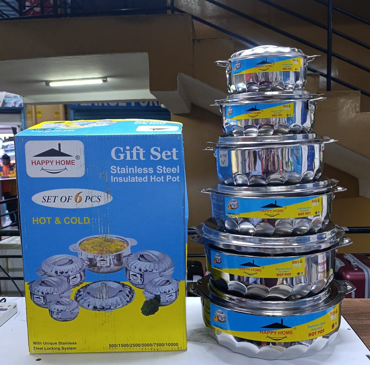 SIGNATGURE!! 🔥🔥6 PIECES HAPPY HOME STAINLESS STEEL HOTPOTS Serving Dish Hot Pot Serveware Set Casserole Hotpot Capacity: 500ml,1500ml,2500ml,5000ml,7500ml and 10,000ml; Double wall