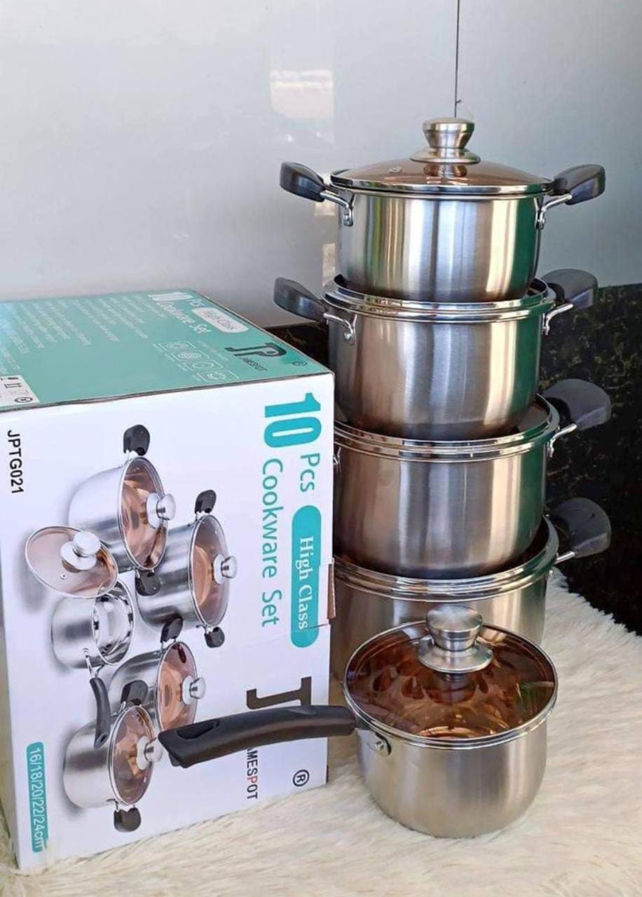 🔥🔥JP Jamesport induction base 10 PIECES Stainless Steel Cookware Set; Cooking Pots/sufuria;Tight-fitting covers seal;Ideal for open charcoal jiko or firewood, gas or electricity,riveted handles