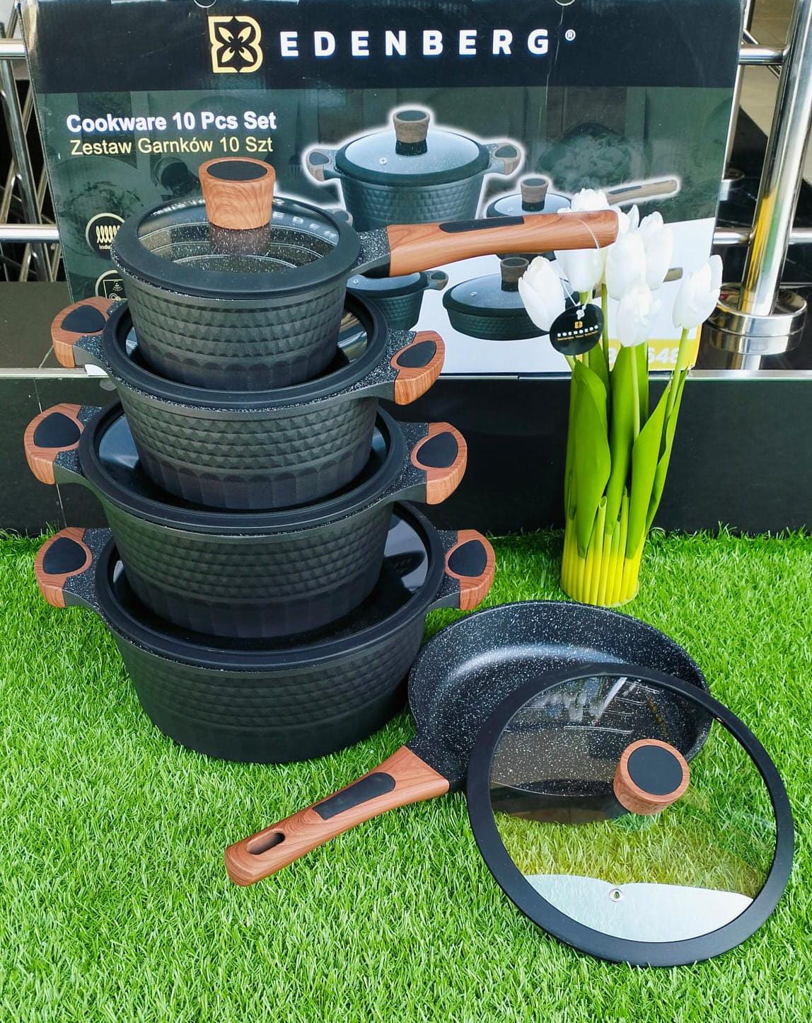 EDENBERG 10 PIECES Nonstick cooking pots/ Cookware set;✅ 10 Pcs Complete Cookware Set ✅ Premium Nonstick Coating✅ Heat Resistant Handles✅ Multi-Purpose Use