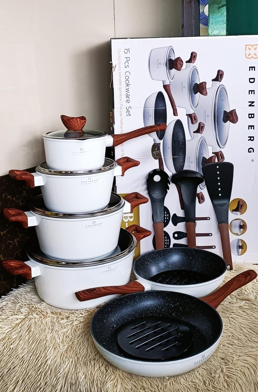EDENBERG 15 PIECES Nonstick cooking pots/ Cookware set with Wooden Handles;✅ 15Pcs Complete Cookware Set ✅ Premium Nonstick Coating✅ Heat Resistant Handles✅ Multi-Purpose Use
