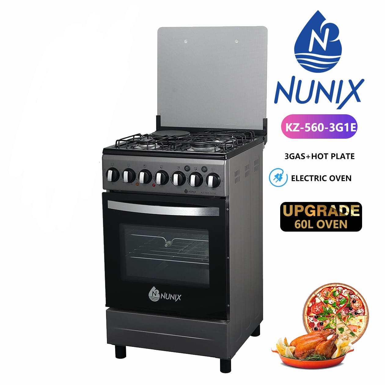 👆🤪🤑SHOP AT DISCOUNTED PRICE 🪄🥳Nunix Free Standing 3 Gas + 1 Electric Hotplate,Electric Oven Cooker.Push Button manual ignition burner
3 gas burners, 1 electric hotplate
Electric oven
Special burn