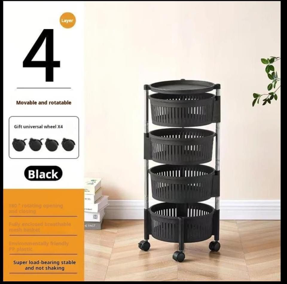 4 klayer  Multi-Layer Movable Fruit Vegetable Snack Stand Household Shelf (Black) Strong and Sturdy Storage Rotatable Rack