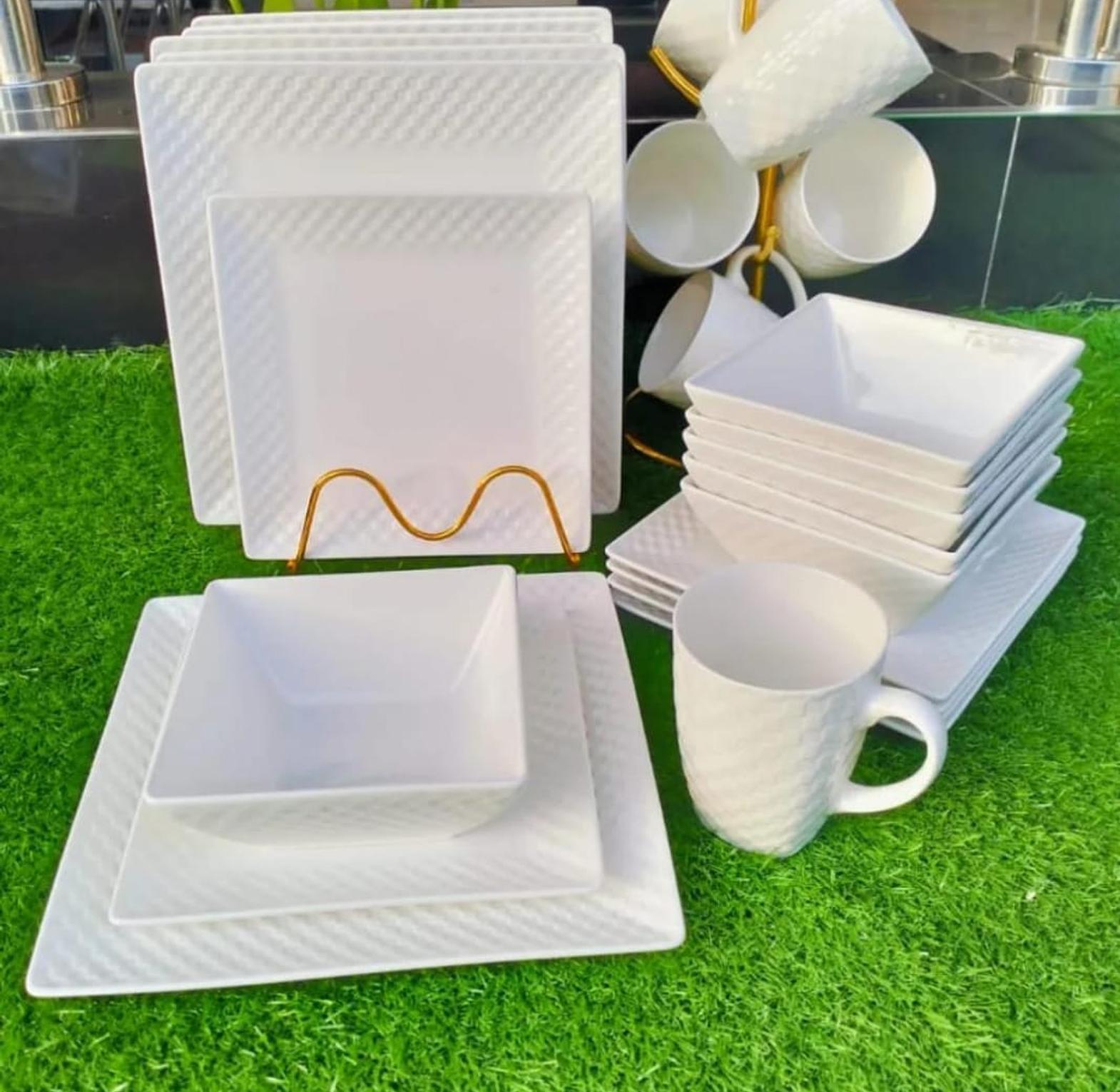 24 Piece  square Ceramic Dinner Set  6 Pieces square cups.
       ▫6 Pieces  square dinner plates.
       ▫6 Pieces square side plates.
       ▫6 Pieces  square soup bowls.