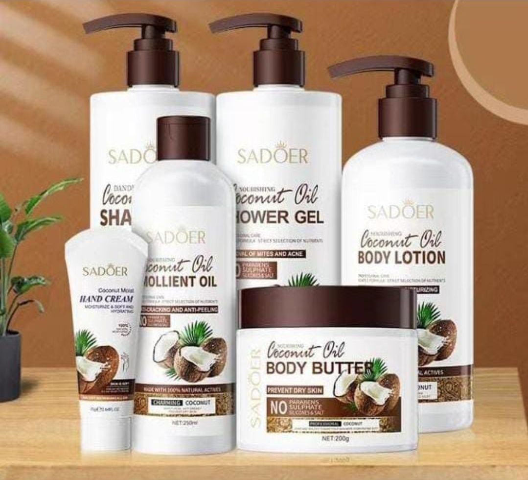 Sadoer cocunut 6 piece set skin care sets, Shower gel+ Body lotion+body butter+ hand cream+molient oil+ shampoo for body moisturizing skin best for all types of skins