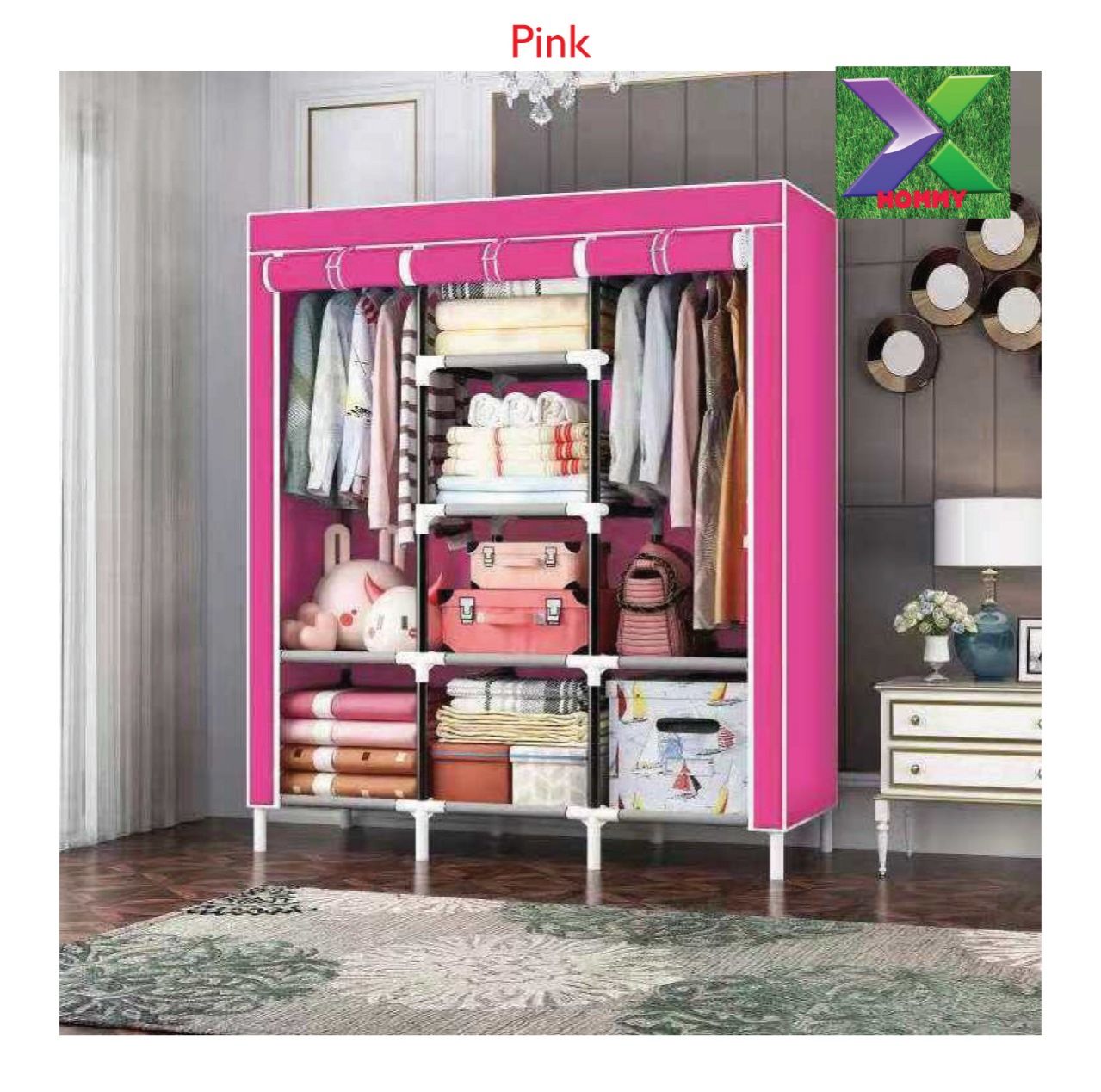 Portable wooden wardrobe three column