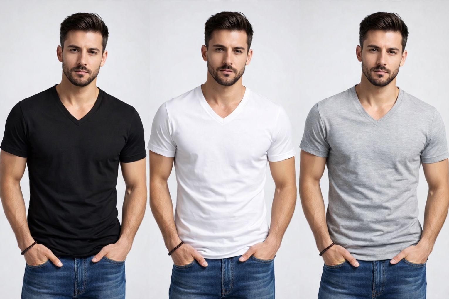 Men's Premium V-Neck Essential T-Shirt Collection in Classic Black White and Heather Grey Tones.
