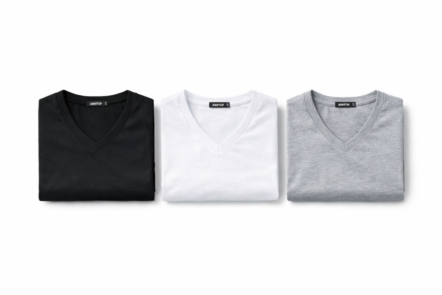 Men's Premium V-Neck Essential T-Shirt Collection in Classic Black White and Heather Grey Tones.