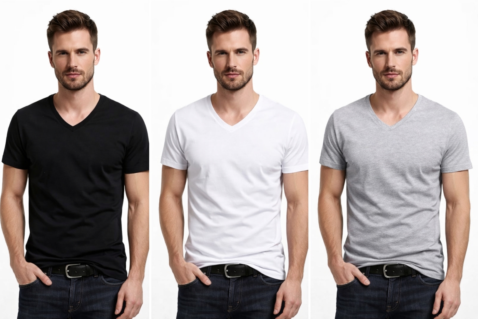 Men's Premium V-Neck Essential T-Shirt Collection in Classic Black White and Heather Grey Tones.