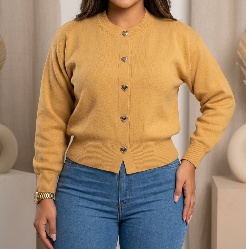 Beautiful Heart Button Cardigan for Women | Cozy and Soft Knit Long Sleeve Top with Cute Metallic Details | Stylish Crew Neck Sweater with Trendy Puff Sleeves | Must-Have Seasonal Knitwear.