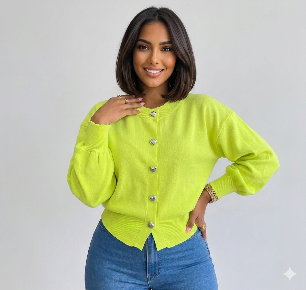 Beautiful Heart Button Cardigan for Women | Cozy and Soft Knit Long Sleeve Top with Cute Metallic Details | Stylish Crew Neck Sweater with Trendy Puff Sleeves | Must-Have Seasonal Knitwear.