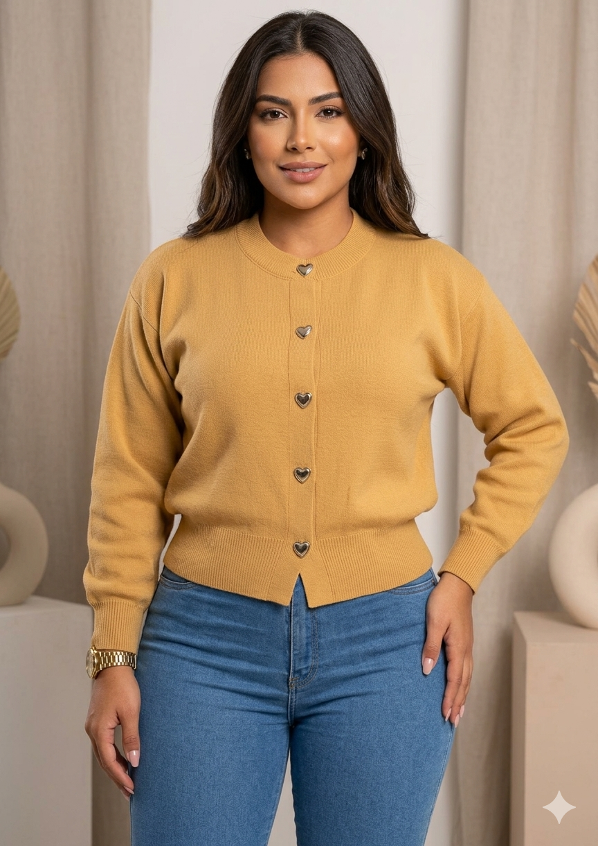 Beautiful Heart Button Cardigan for Women | Cozy and Soft Knit Long Sleeve Top with Cute Metallic Details | Stylish Crew Neck Sweater with Trendy Puff Sleeves | Must-Have Seasonal Knitwear.