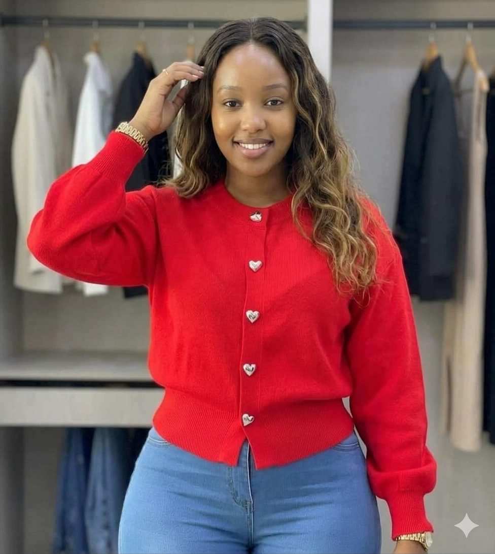 Beautiful Heart Button Cardigan for Women | Cozy and Soft Knit Long Sleeve Top with Cute Metallic Details | Stylish Crew Neck Sweater with Trendy Puff Sleeves | Must-Have Seasonal Knitwear.