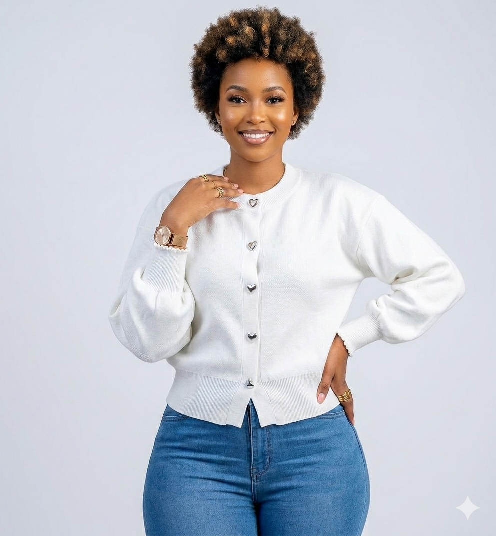 Beautiful Heart Button Cardigan for Women | Cozy and Soft Knit Long Sleeve Top with Cute Metallic Details | Stylish Crew Neck Sweater with Trendy Puff Sleeves | Must-Have Seasonal Knitwear.