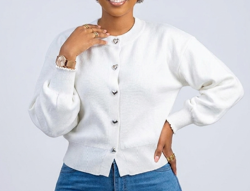 Beautiful Heart Button Cardigan for Women | Cozy and Soft Knit Long Sleeve Top with Cute Metallic Details | Stylish Crew Neck Sweater with Trendy Puff Sleeves | Must-Have Seasonal Knitwear.