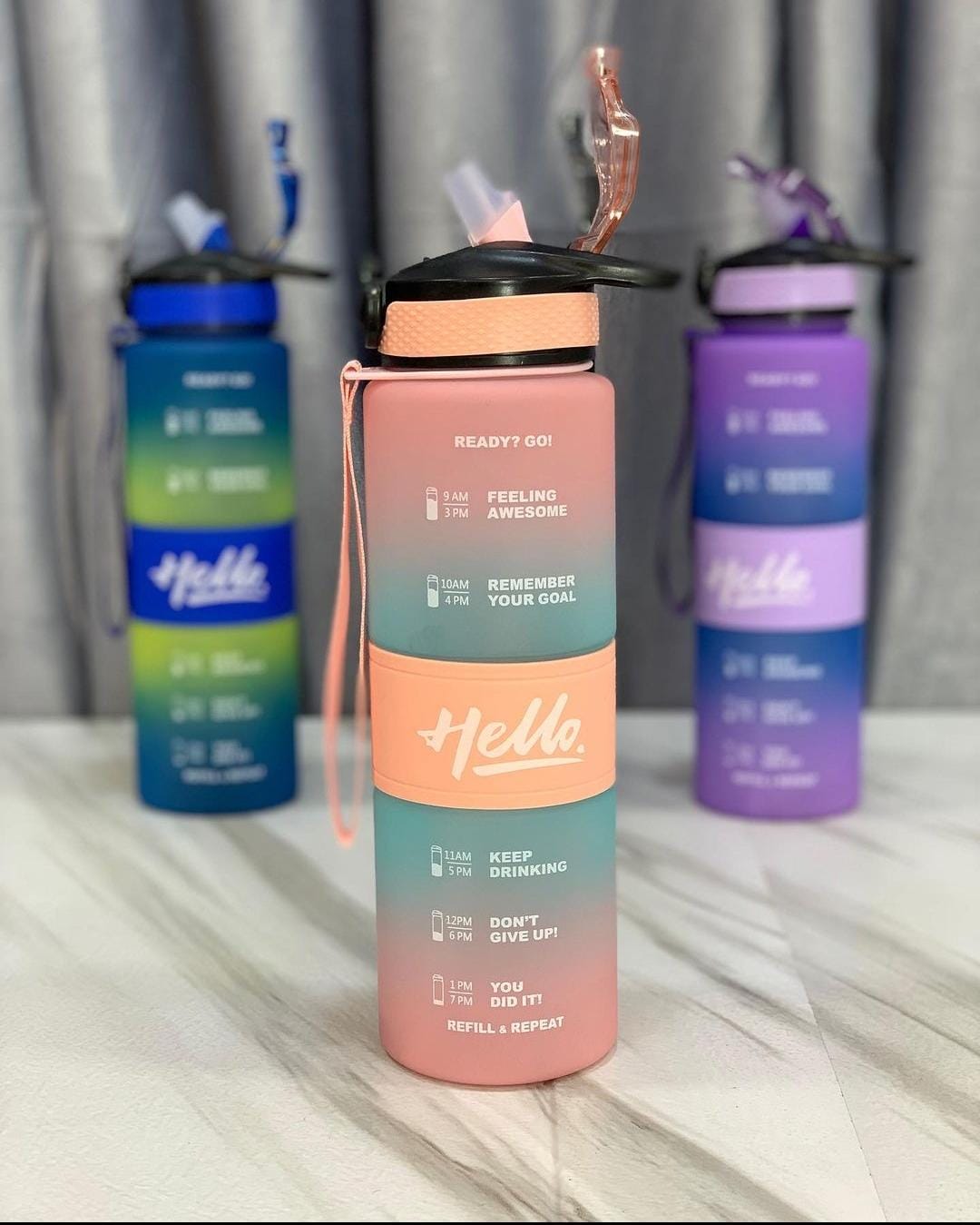 1000Ml Hello Leakproof BPA Free Drinking  Water Bottle with Time Marker & Sthraw, 1L