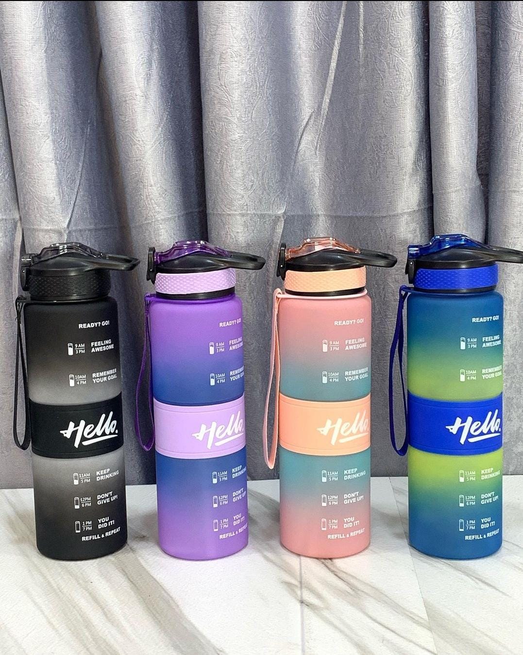 1000Ml Hello Leakproof BPA Free Drinking  Water Bottle with Time Marker & Sthraw, 1L