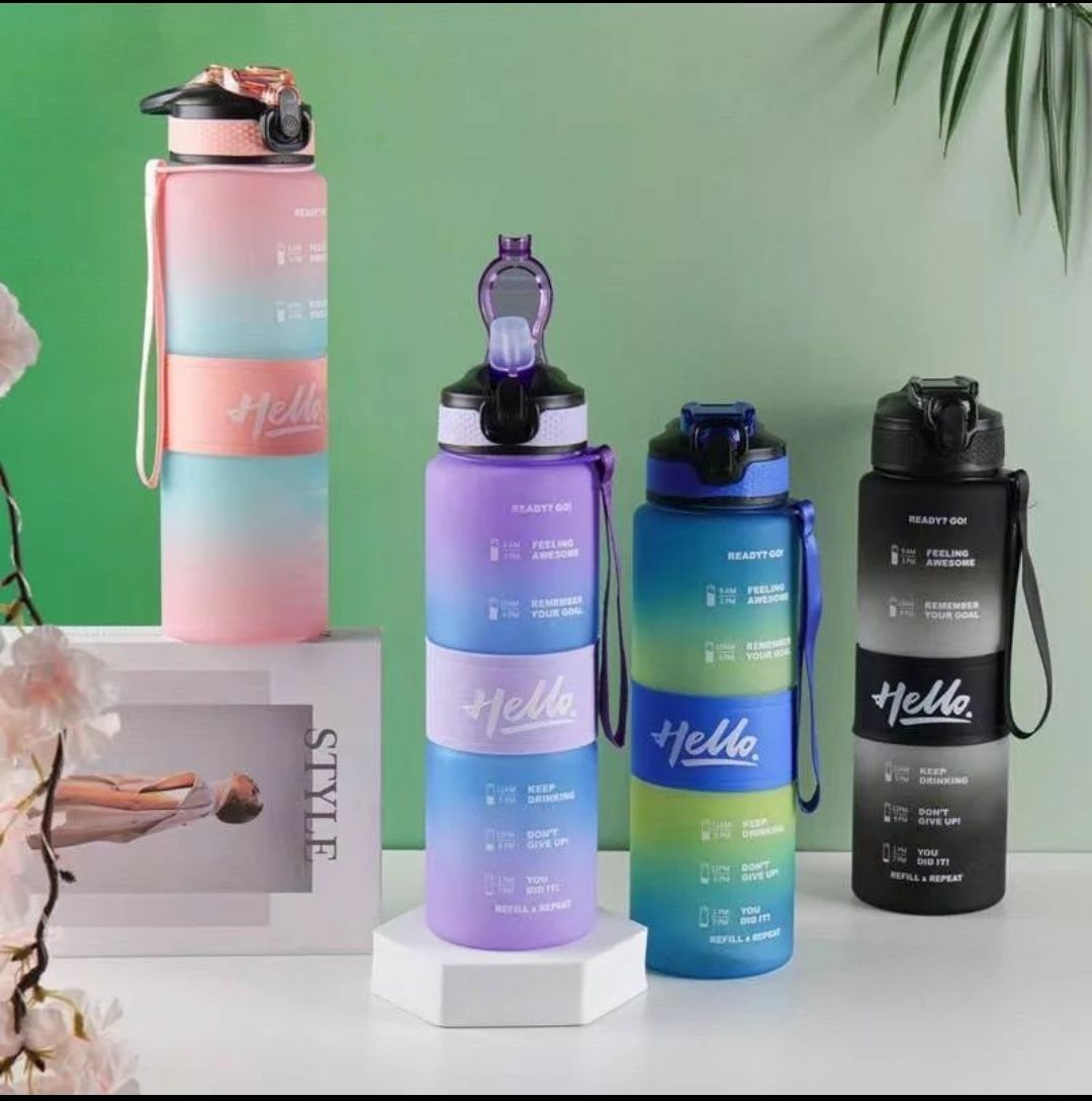 1000Ml Hello Leakproof BPA Free Drinking  Water Bottle with Time Marker & Sthraw, 1L