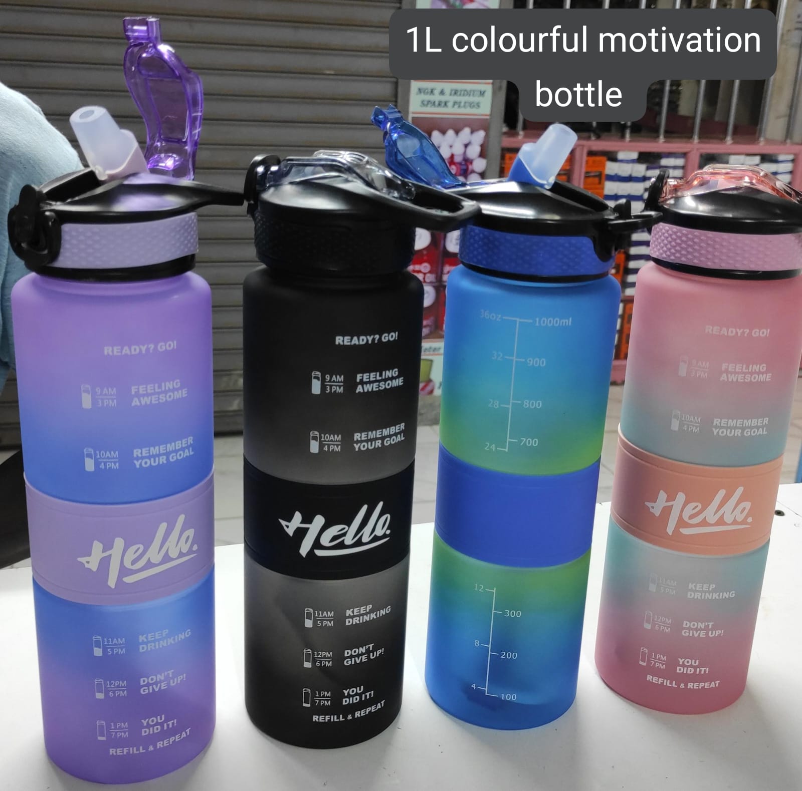 1000Ml Hello Leakproof BPA Free Drinking  Water Bottle with Time Marker & Sthraw, 1L