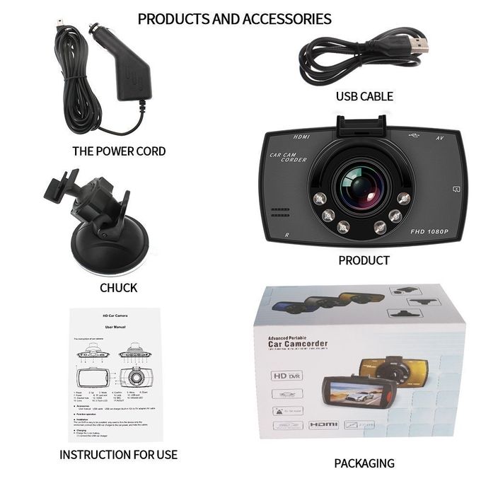1080P Hd Car Dvr Dash Camera Video Recorder Built-in Lithium-ion Rechargeable Battery LCD Screen G-Sensor Technology Wide-Angle Lens Easy Installation Audio Recording Dash Camera