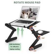 ADJUSTABLE LAPTOP STAND WITH FAN AND MOUSE PAD:  material:light weight aluminium .
 ERGONOMIC DESIGN:The Portable Laptop table stand has sturdy and fully adjustable legs.