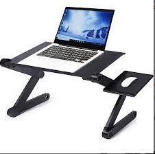 ADJUSTABLE LAPTOP STAND WITH FAN AND MOUSE PAD:  material:light weight aluminium .
 ERGONOMIC DESIGN:The Portable Laptop table stand has sturdy and fully adjustable legs.