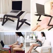 ADJUSTABLE LAPTOP STAND WITH FAN AND MOUSE PAD:  material:light weight aluminium .
 ERGONOMIC DESIGN:The Portable Laptop table stand has sturdy and fully adjustable legs.